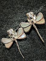 Front view of both dragonfly earrings showing mother of pearl wings