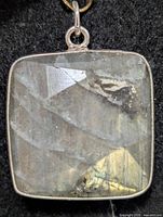 Front view of square labradorite pendant in silver bezel