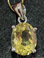 Front view of silver pendant showcasing oval lemon quartz and prong setting