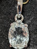 Front view of silver pendant showing oval aquamarine and prong setting