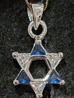 Front view of sterling silver Star of David pendant with blue and clear CZ stones