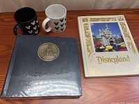 Group shot showing both mugs, Disneyland book, and sealed WDW photo album