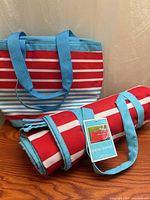 Tote and rolled blanket showing matching stripes and tag