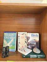 Shelf with four bird books, three smaller booklets, Tasco camouflage binoculars, coasters and stone