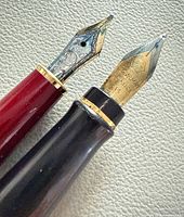 Close view of both nibs showing Montblanc 14K gold nib and Waterman France M nib