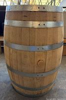 Full view of oak barrel with steel hoops