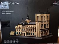 Front of sealed box displaying Notre-Dame Cathedral model, piece count, age rating and compatibility note