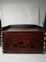 Front view of wooden toy chest showing African animal silhouettes and zebra pattern sides.