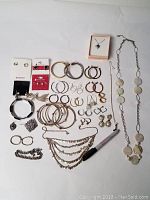 Full lot of assorted fashion jewelry arranged on white background including brooches, multiple necklaces, bracelets, and earrings in metal tones.