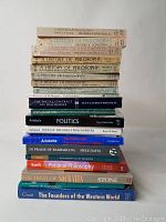 Photo showing 21 philosophy books stacked with visible titles including multiple volumes of 'A History of Philosophy', works by Aristotle, Rousseau, and others.