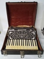 Accordion open inside case showing keyboard, grille and interior condition
