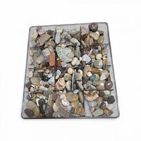 Top view of compartmented tray filled with mixed gemstones and minerals