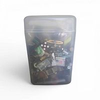 Front view of translucent container showing assorted contents