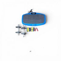 Overhead view of all items: vibration plate, two dumbbells, ankle weights, hand grip