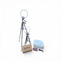 All items grouped: two ring lights on tripods, boxed metal detector, printer, speaker, flashlight