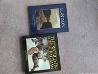 Two hardcover coffee table books: "London" by Richard Bain with sunset London photograph; "The World of Robert Bateman" with bear artwork
