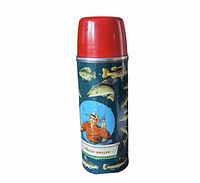 Full view of thermos with red cap showing fish graphics