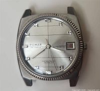 Front view of Pomar wristwatch showing dial, case, bezel, and date window
