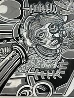 Full view of black and white oil painting showing entire composition