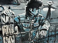 Full view of signed expressionist oil painting showing male figure at fence and background elements