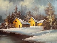 Full view of winter landscape painting with three yellow houses, river foreground