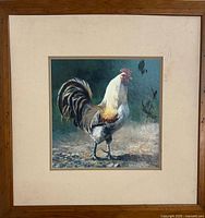 Full view of framed rooster print showing frame, mat and art