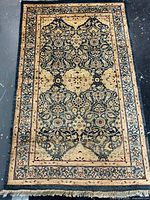 Full view of entire rug showing design, border and fringe