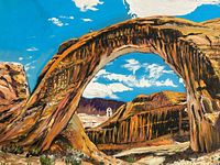 Full view of signed oil painting depicting sandstone arch and desert landscape