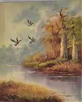 Full view of painting showing entire composition with ducks, river and trees