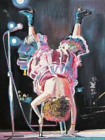 Full view of oil painting showing performer upside-down on stage