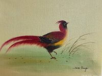 Front view of signed oil painting depicting male golden pheasant on canvas