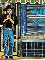 Full view of framed painting showing Waylon Jennings and storefront details