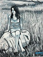 full view of signed impasto oil painting of woman seated on rock