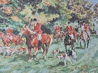 Full view of framed hunting scene print with riders, horses, and hounds