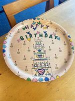 Top view showing full HAPPY BIRTHDAY illustration on plate