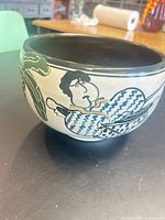 Side view showing cartoon face motif and black interior rim