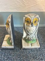 Front and side view of both owl bookends showing paint, design, size