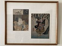 Framed artwork showing two separate woodblock prints within mat