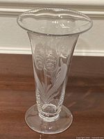 Full view of Tudor crystal trumpet vase showing shape and engraving