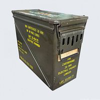 Side view of steel ammo can showing stencilled text and overall shape
