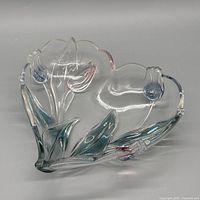 Top view of Mikasa iridescent heart-shaped glass bowl showing tulip and leaf pattern