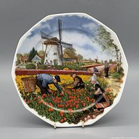 Front of octagonal plate showing tulip field scene