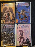 Front covers of all four bagged Magic: The Gathering comic issues (Initiation, Legacy, Crucible, Destiny)