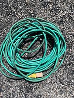 Coiled green 100-ft extension cord showing both plug ends