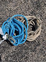 Coiled blue lifeline rope with metal snap hook and coiled tan rope beside it
