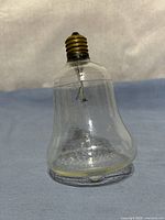 Front view of pear shaped clear glass light bulb standing upright