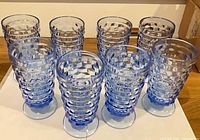 Front angled view of all 8 blue pressed glass drinking glasses