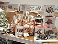 Overview of lot showing Victorian house, Christmas tree, boxed buildings and sleigh