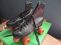 Pair of black quad roller skates on green surface