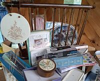 overview of lot showing magazine rack, stationery boxes, decorative plate, rain gauge packaging
